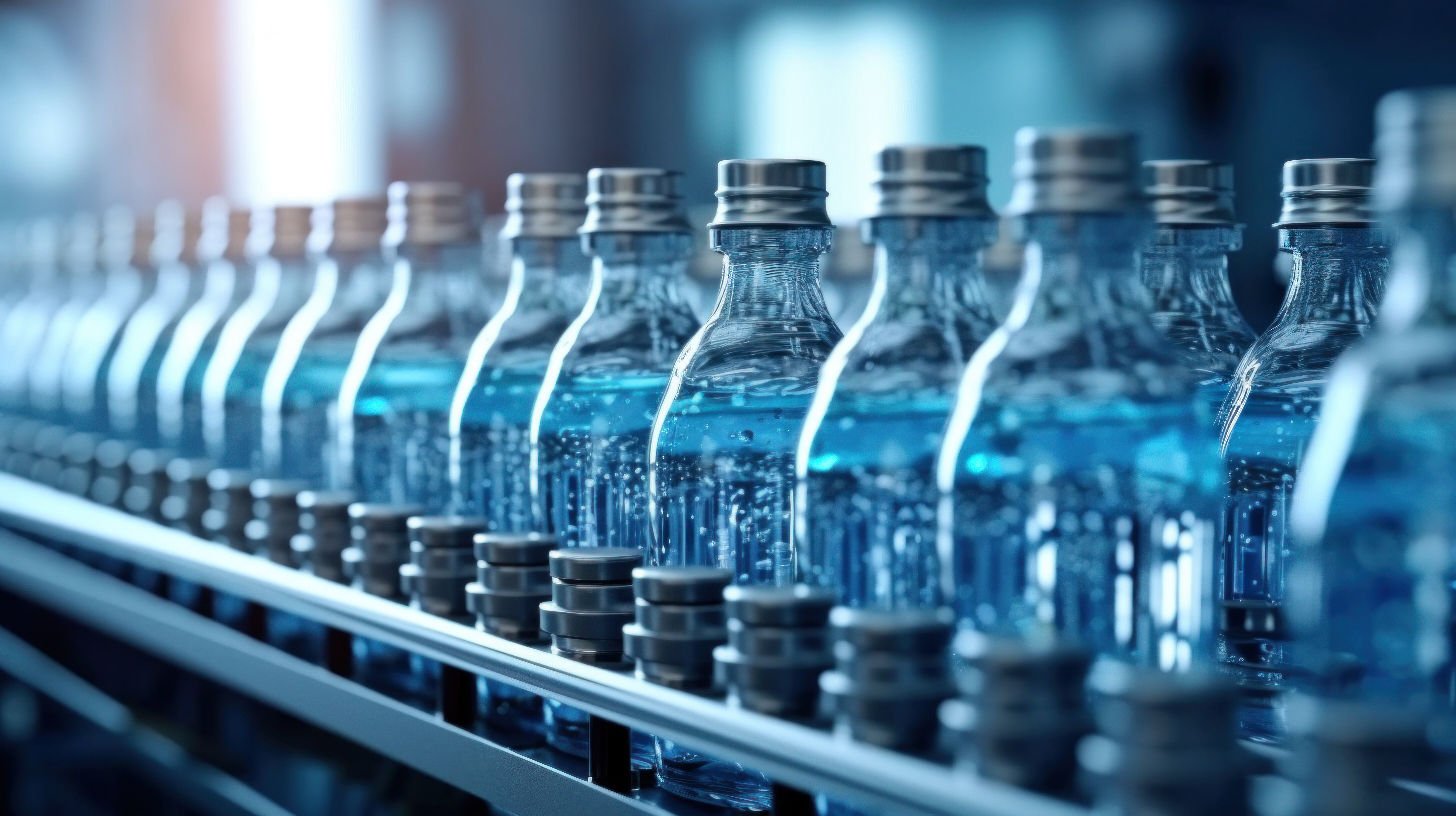  Glass bottles on an industrial filling line for the food and beverage industry