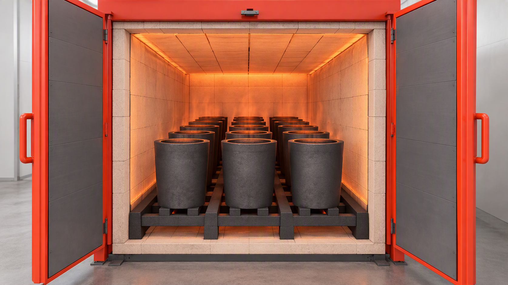 Geöffneter Hochtemperaturofen mit mehreren zylindrischen Tiegeln auf einem Chargiergestell für die Herstellung von Batterie-Aktivmaterialien.