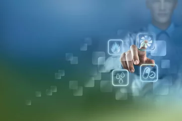 Eine Hand berührt symbolisch eines von vier Buttons, welche symbolisch für Umweltsimulation, Wärmetechnik, Klimatechnik und Pharmatechnik stehen.