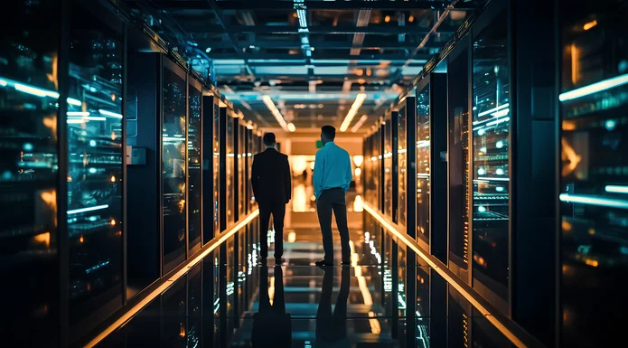  Two people are standing in a server hub