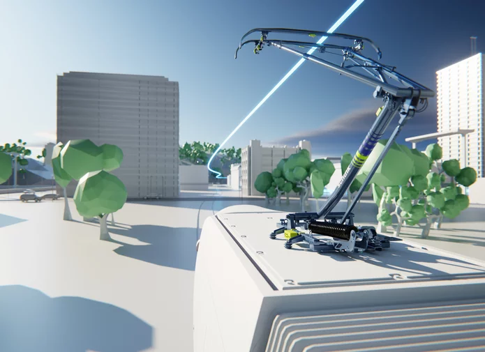 Rendering of a train with Schunk pantographs equipped with OnTrack digital condition monitoring system