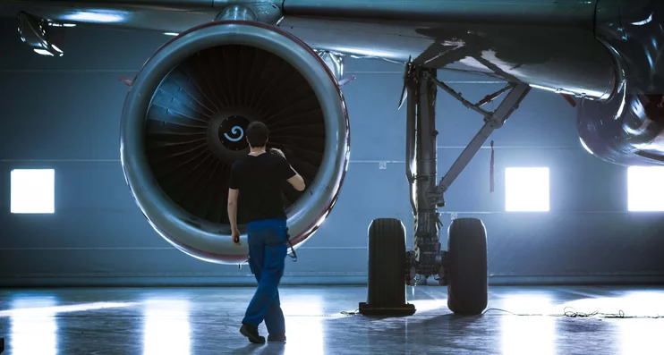 Flugzeugmechaniker arbeitet an der Turbine eines Flugzeugs und inspiziert diese mit einer Taschenlampe