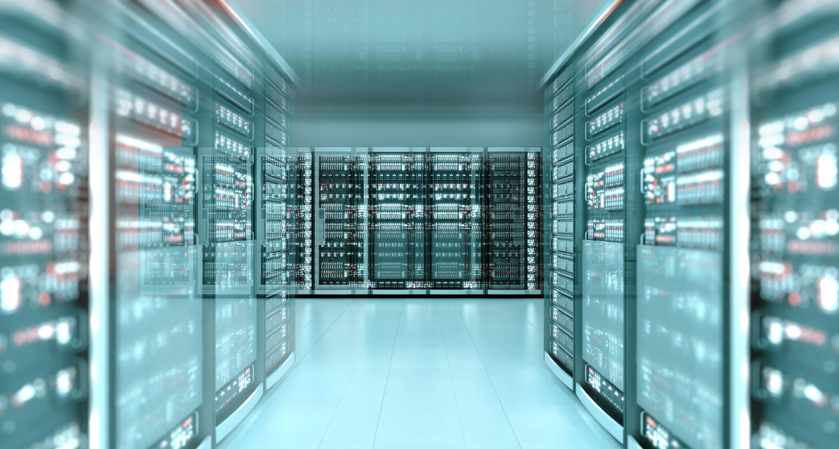Server center with a large number of server cabinets operating racks of server units and computers