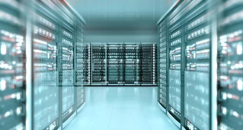 Server center with a large number of server cabinets operating racks of server units and computers