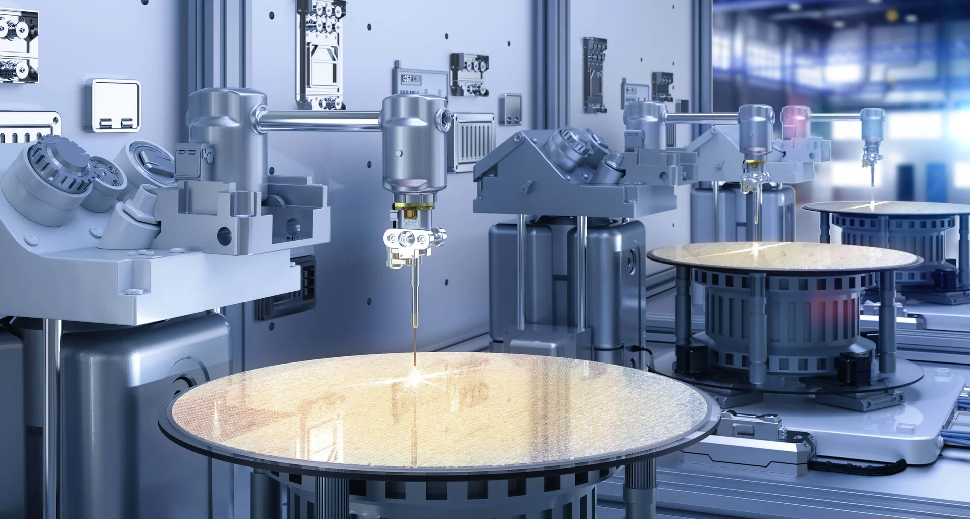  Several machines loaded with wafers on which semiconductors or microchips and processors are currently being manufactured