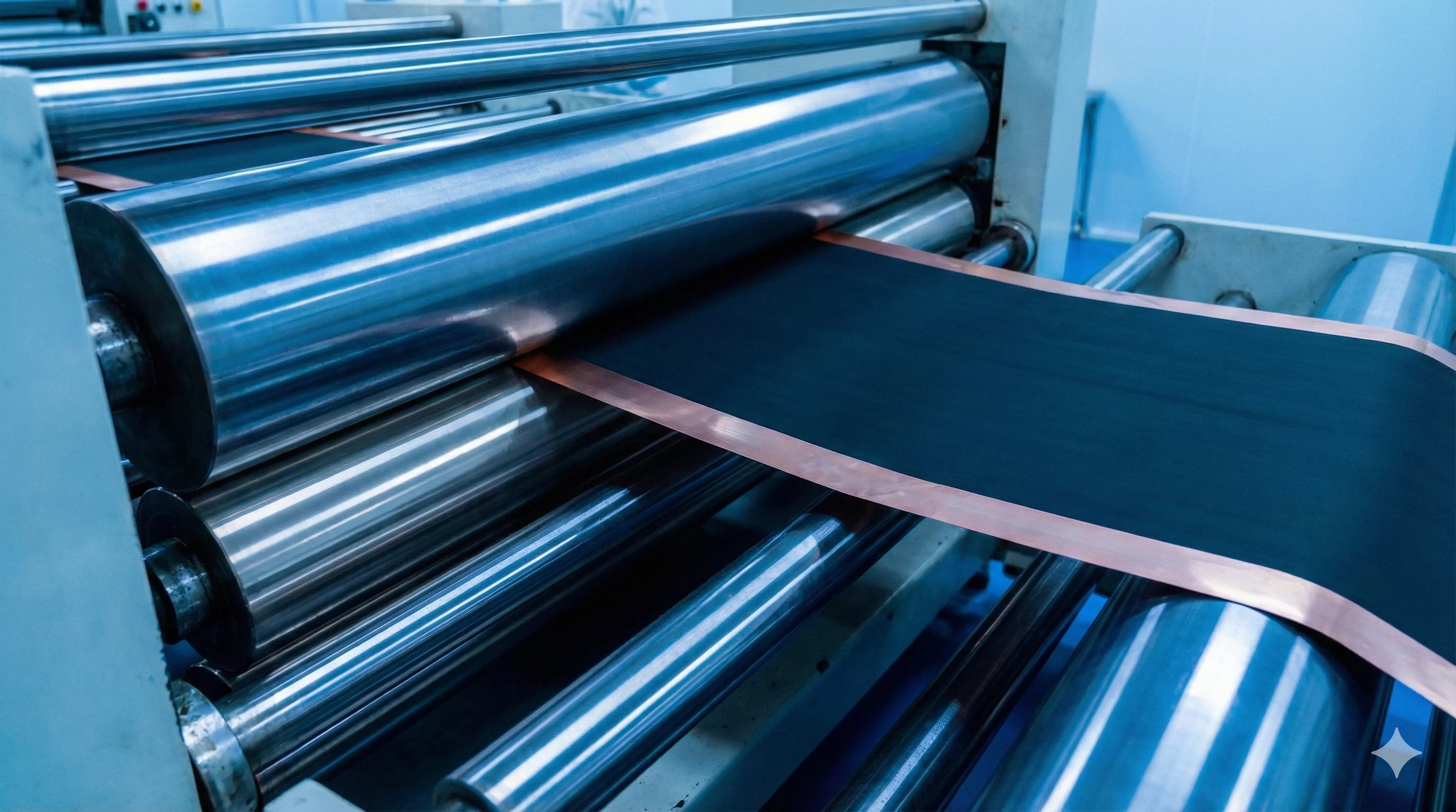  Beschichtete Elektrodenfolie läuft durch eine industrielle Walzanlage in der Batterieproduktion.