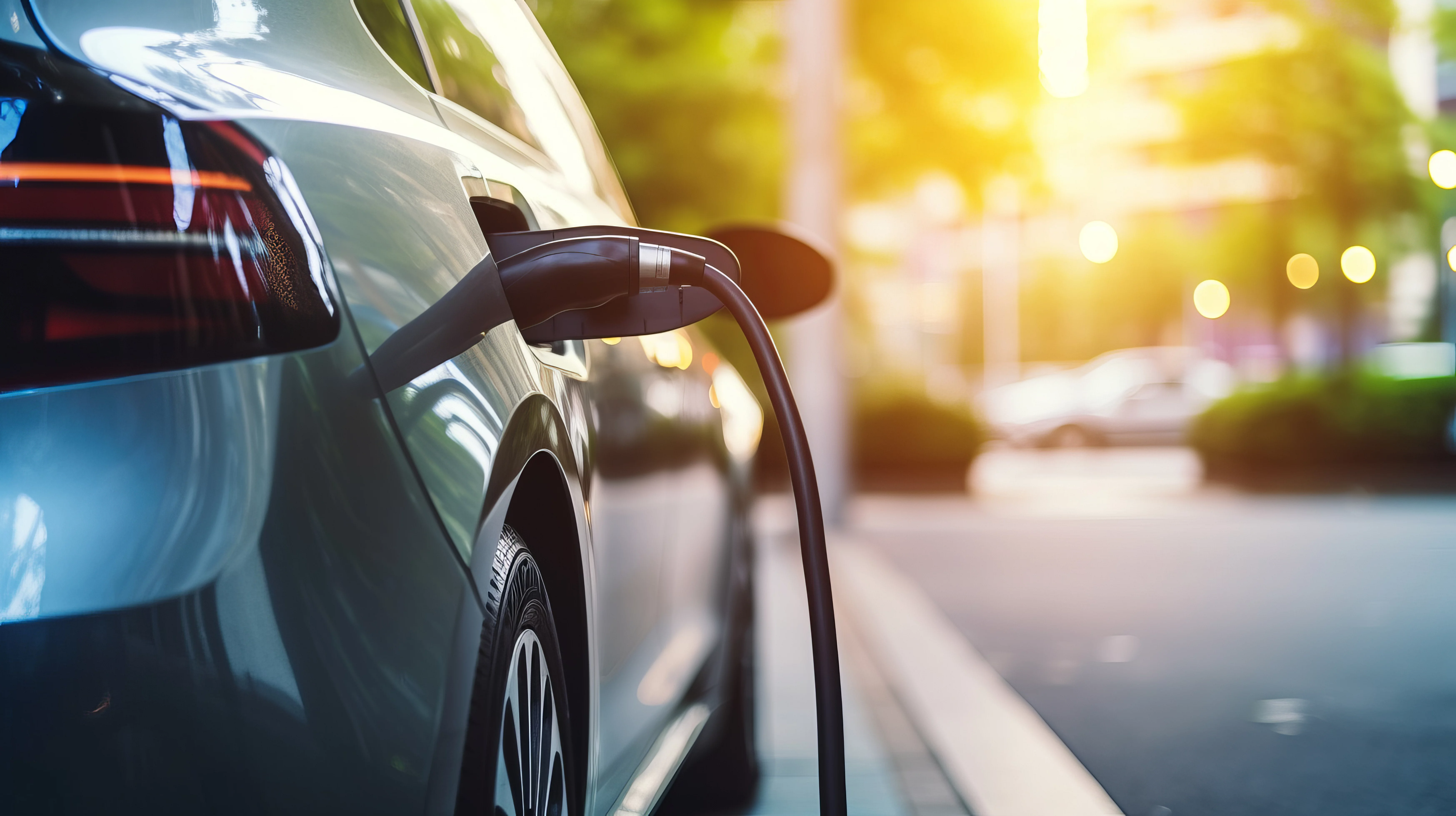  Elektrofahrzeug beim Ladevorgang an einer Ladestation im urbanen Umfeld als Symbol für elektrifizierte Systeme.