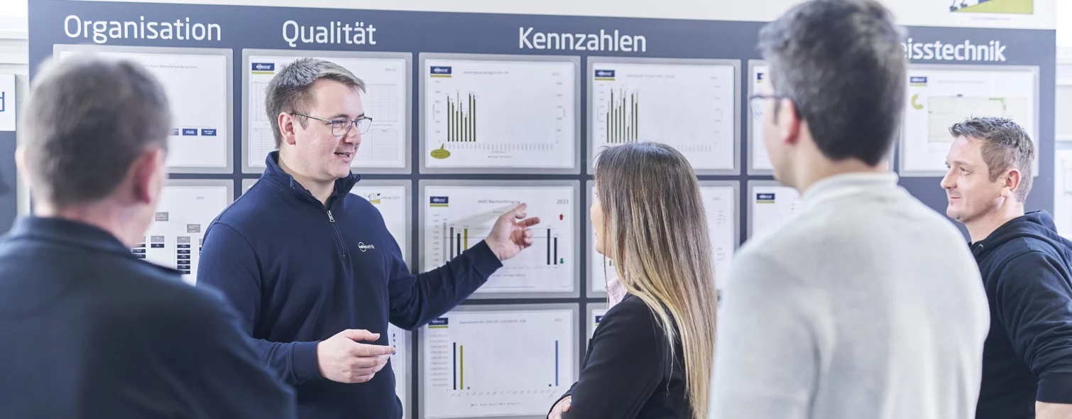 Mitarbeiter der Schunk Group bei einer Besprechung zu Kennzahlen vor einem Whiteboard mit verschiedenen Grafiken und Informationen