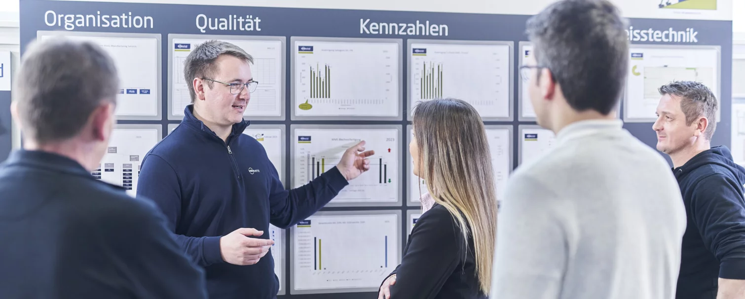 Mitarbeiter der Schunk Group bei einer Besprechung zu Kennzahlen vor einem Whiteboard mit verschiedenen Grafiken und Informationen
