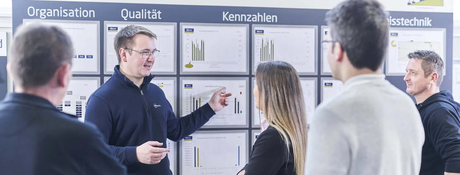 Schunk Group employees at a meeting on key figures in front of a whiteboard with various graphics and information