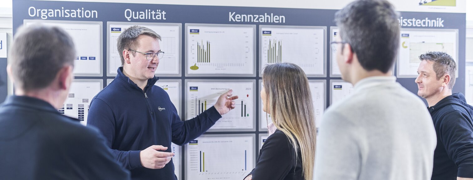  Schunk Group employees at a meeting on key figures in front of a whiteboard with various graphics and information